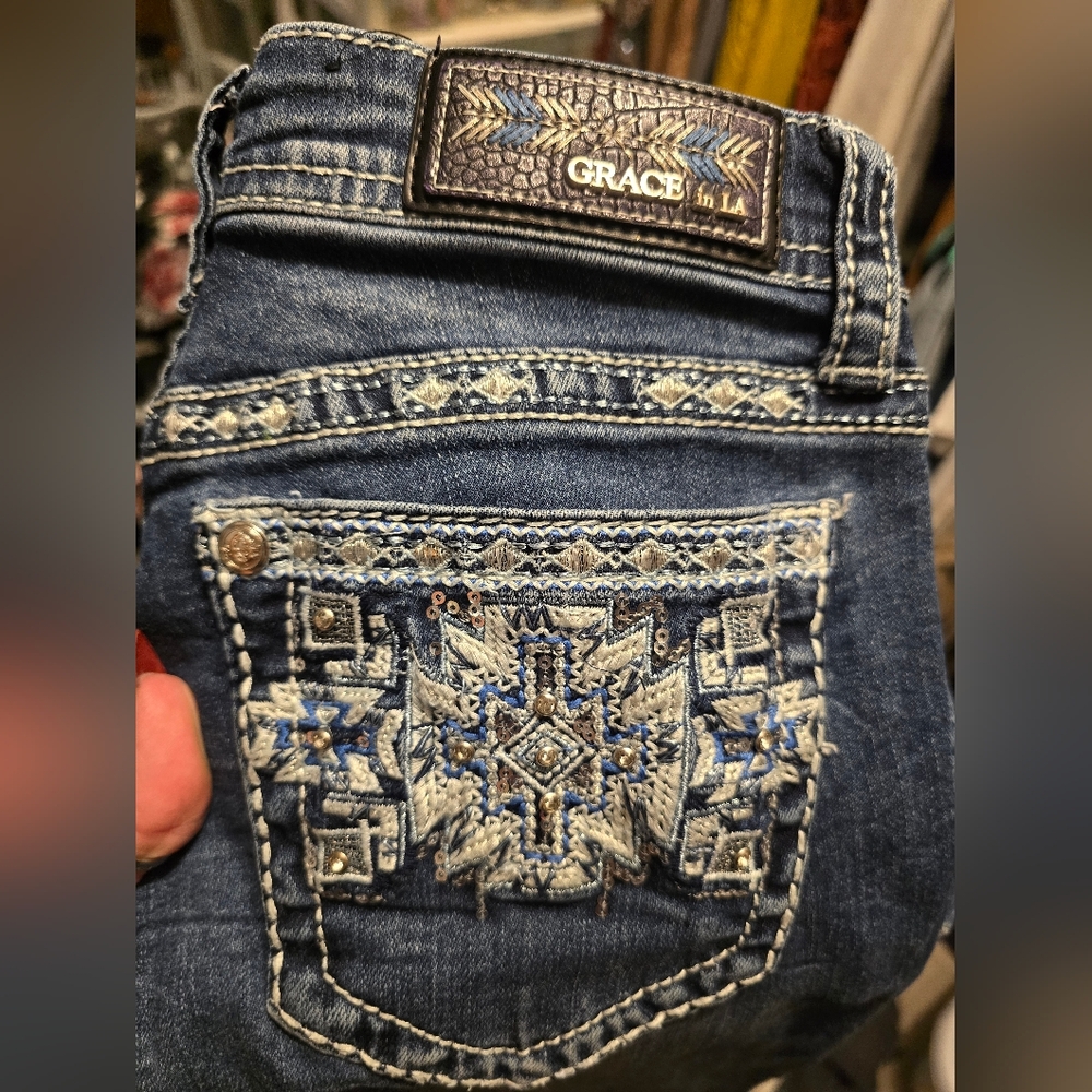 Grace in LA Women's Dark Blue Embroidered Boot Cut Jeans - Picture 6 of 12